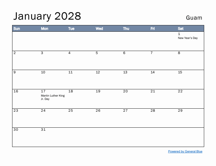 January 2028 Simple Monthly Calendar for Guam