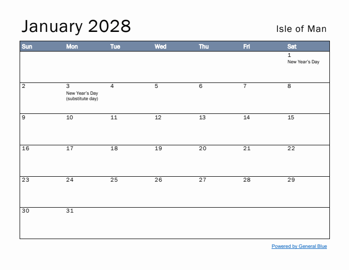 January 2028 Simple Monthly Calendar for Isle of Man