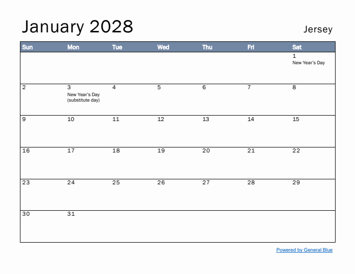 January 2028 Simple Monthly Calendar for Jersey