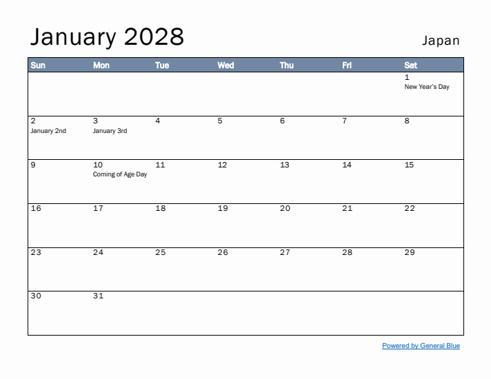 January 2028 Simple Monthly Calendar for Japan