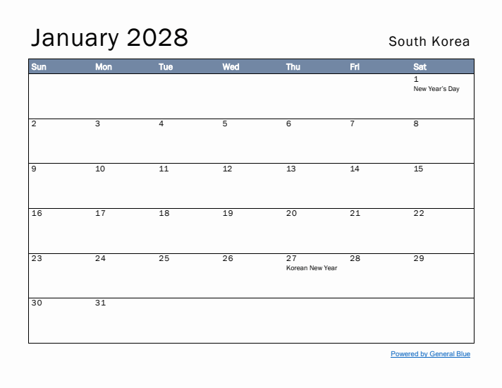 January 2028 Simple Monthly Calendar for South Korea