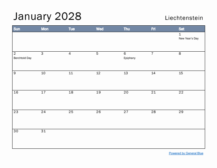 January 2028 Simple Monthly Calendar for Liechtenstein