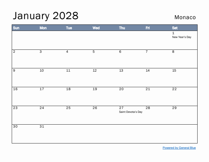 January 2028 Simple Monthly Calendar for Monaco