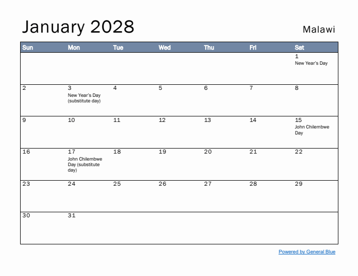 January 2028 Simple Monthly Calendar for Malawi