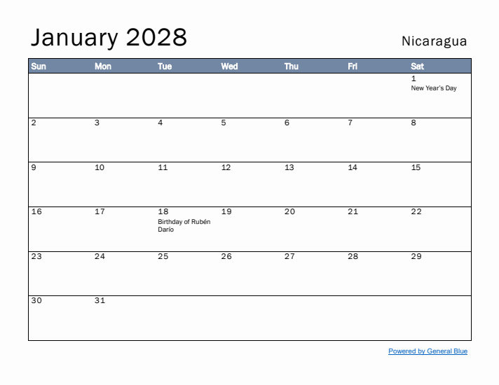 January 2028 Simple Monthly Calendar for Nicaragua