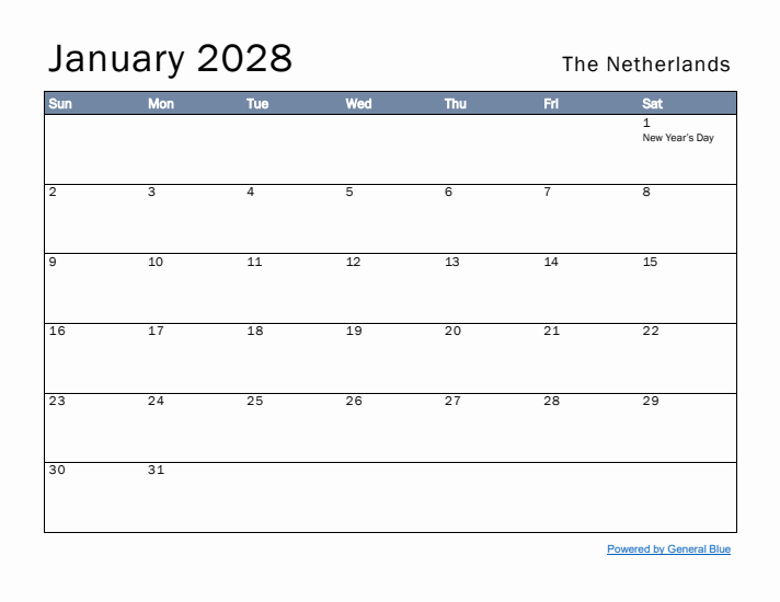 January 2028 Simple Monthly Calendar for The Netherlands