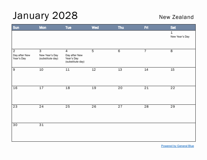 January 2028 Simple Monthly Calendar for New Zealand