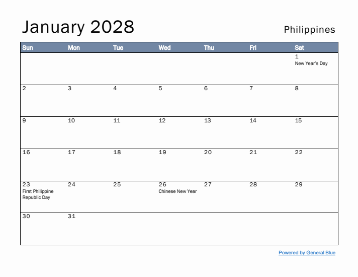 January 2028 Simple Monthly Calendar for Philippines