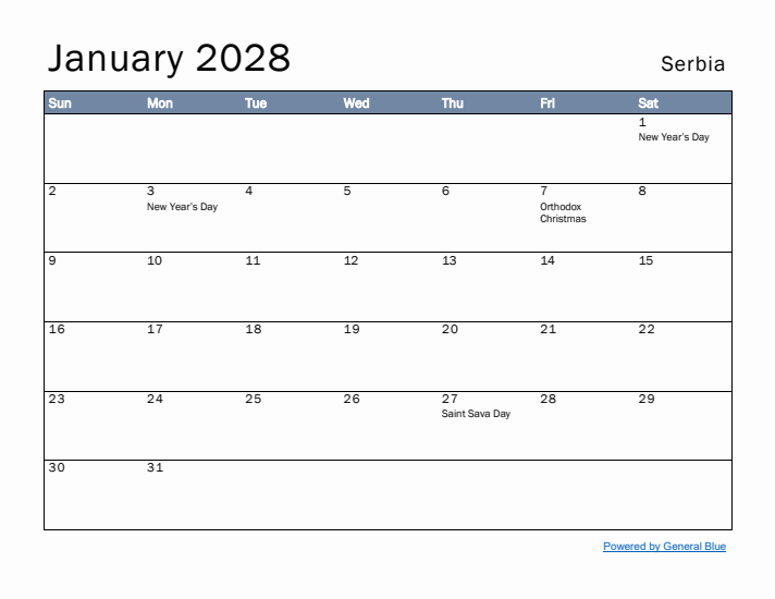 January 2028 Simple Monthly Calendar for Serbia