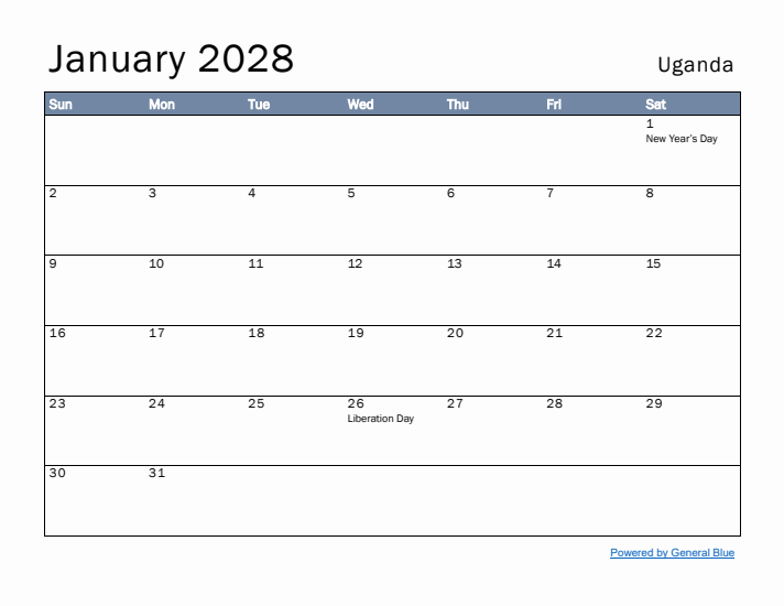 January 2028 Simple Monthly Calendar for Uganda