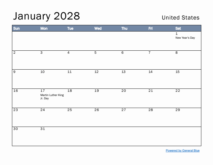 January 2028 Simple Monthly Calendar for United States