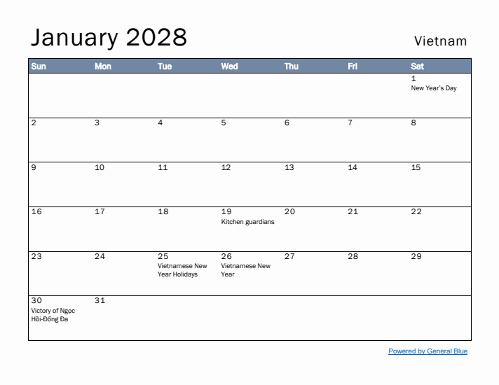 January 2028 Simple Monthly Calendar for Vietnam