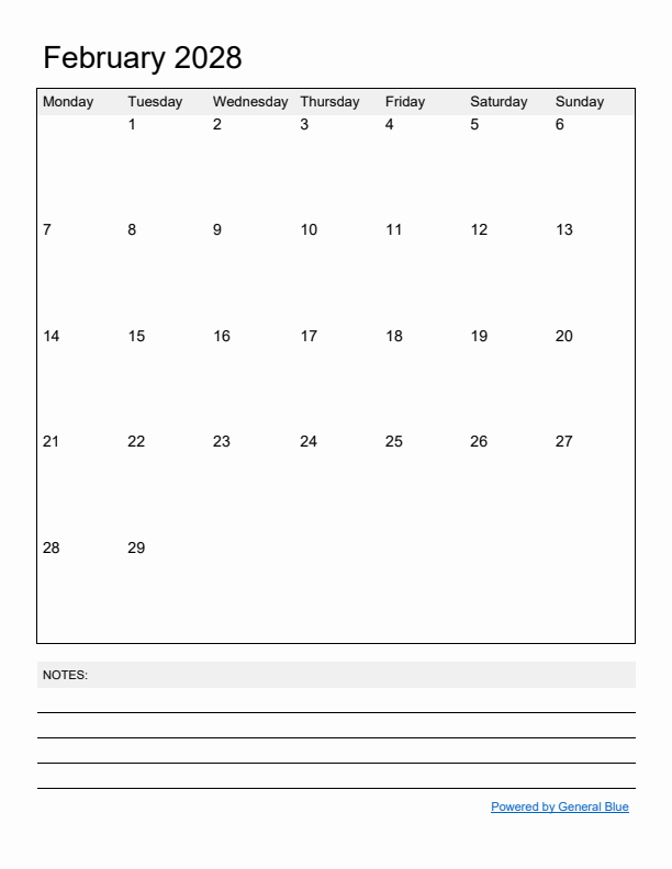 Basic Monthly Calendar Template for February 2028