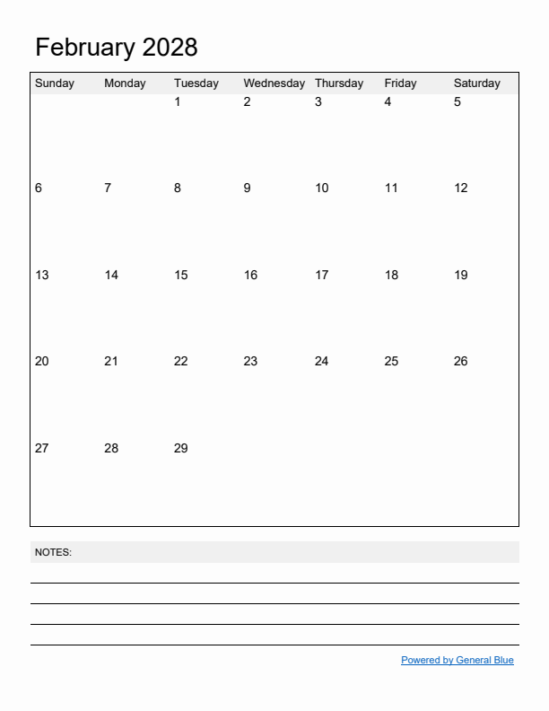 Basic Monthly Calendar Template for February 2028