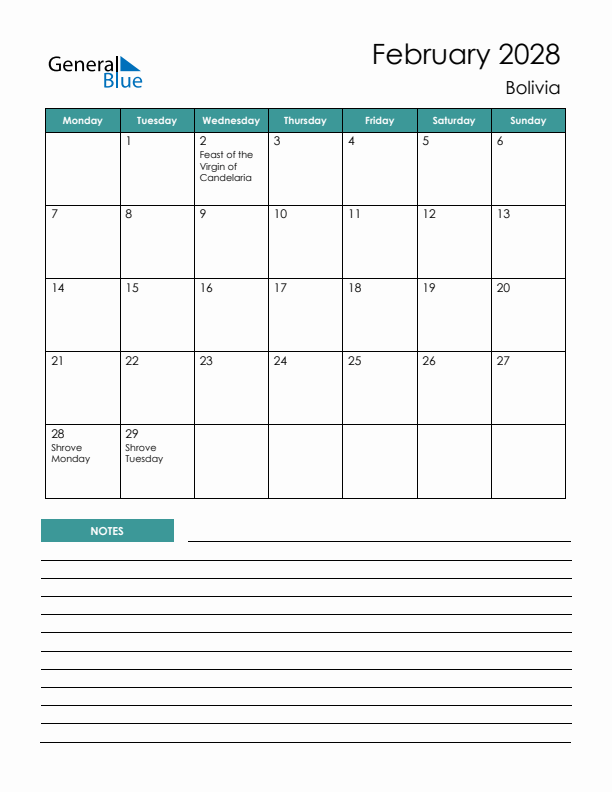 Calendar with Notes Printable - Monday Start