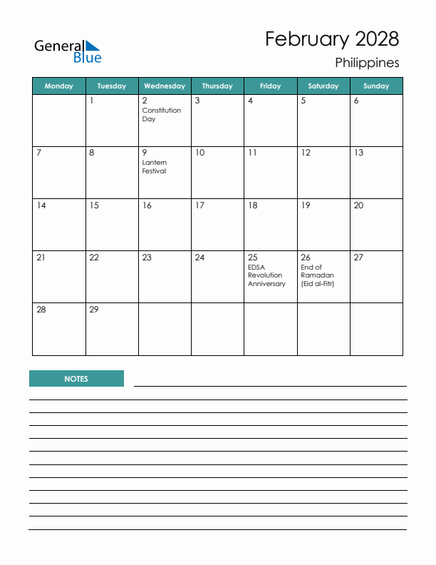 Calendar with Notes Printable - Monday Start