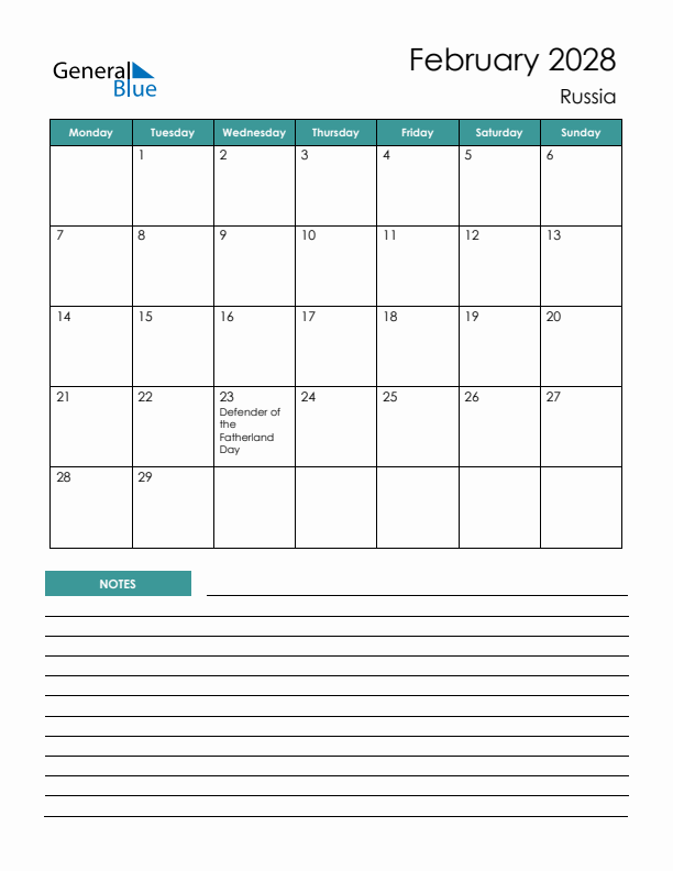 Calendar with Notes Printable - Monday Start