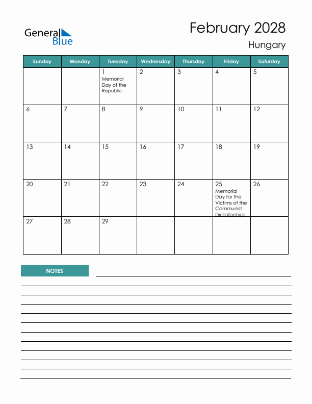 Calendar with Notes Printable - Sunday Start