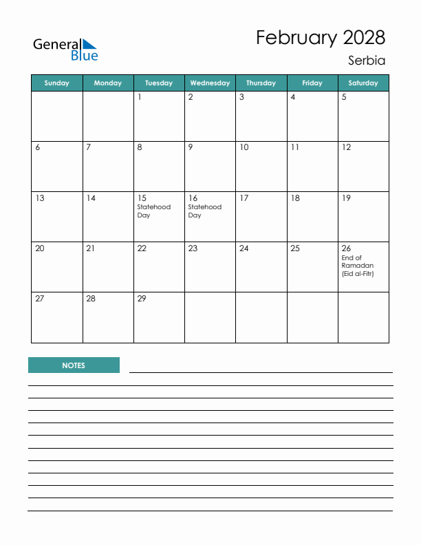 Calendar with Notes Printable - Sunday Start