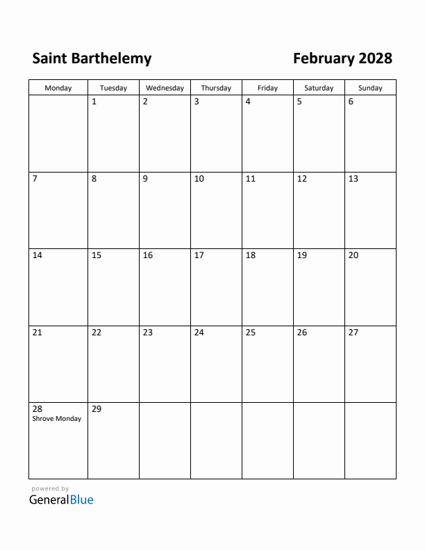 February 2028 Calendar with Saint Barthelemy Holidays