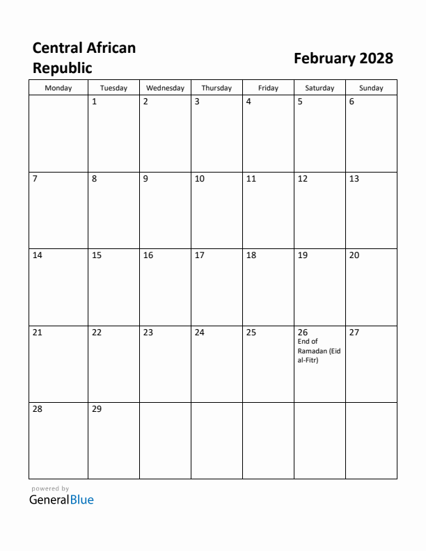 February 2028 Calendar with Central African Republic Holidays