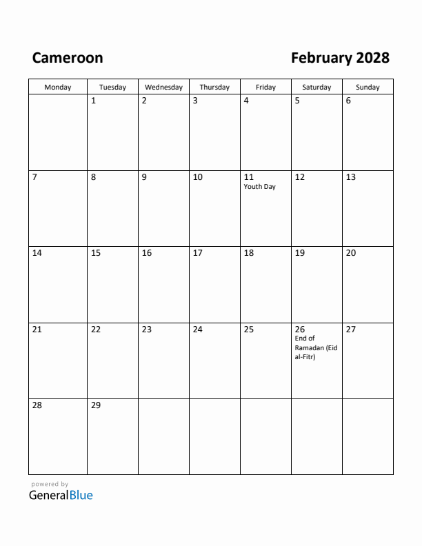 February 2028 Calendar with Cameroon Holidays