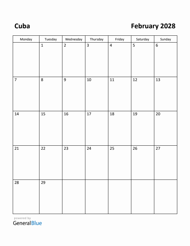 February 2028 Calendar with Cuba Holidays