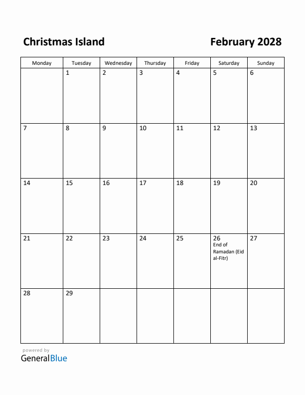 February 2028 Calendar with Christmas Island Holidays