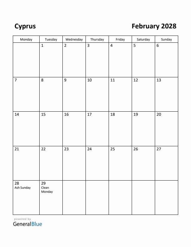 February 2028 Calendar with Cyprus Holidays