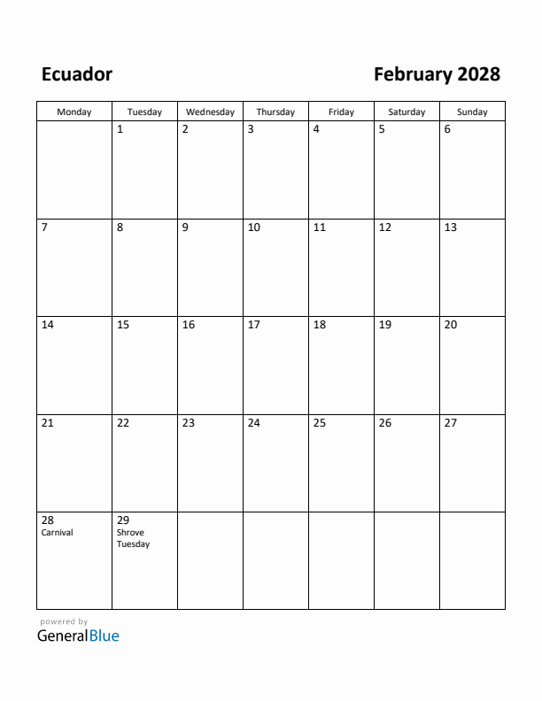 February 2028 Calendar with Ecuador Holidays