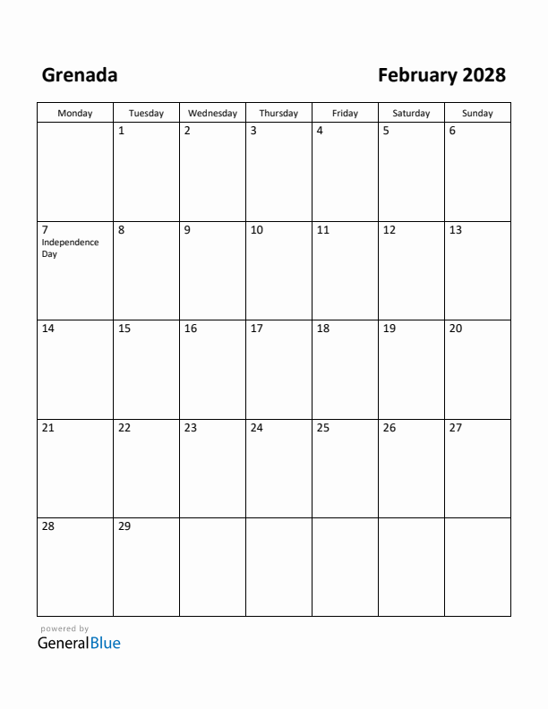 February 2028 Calendar with Grenada Holidays