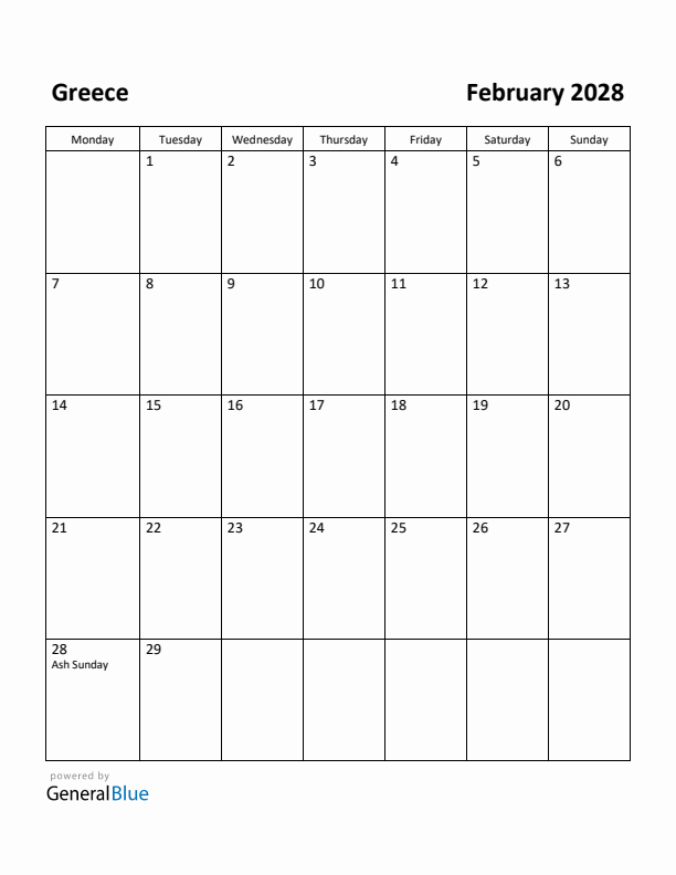 February 2028 Calendar with Greece Holidays