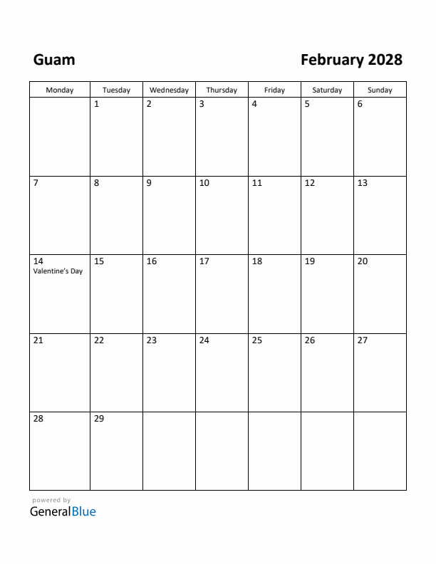 February 2028 Calendar with Guam Holidays