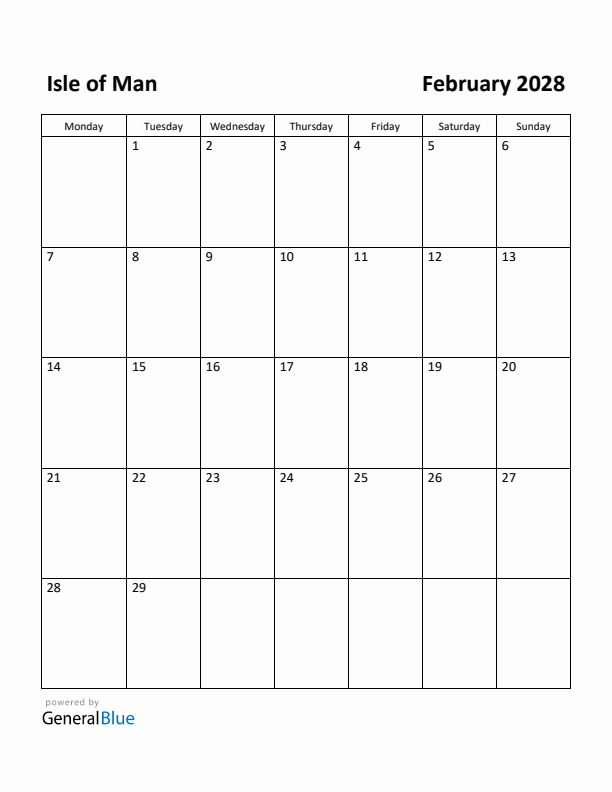 February 2028 Calendar with Isle of Man Holidays