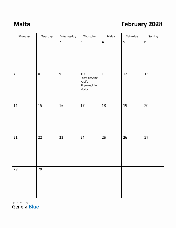 February 2028 Calendar with Malta Holidays