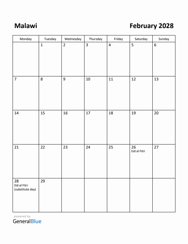 February 2028 Calendar with Malawi Holidays