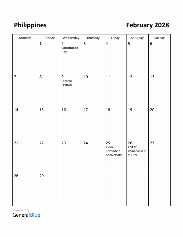 February 2028 Calendar with Philippines Holidays