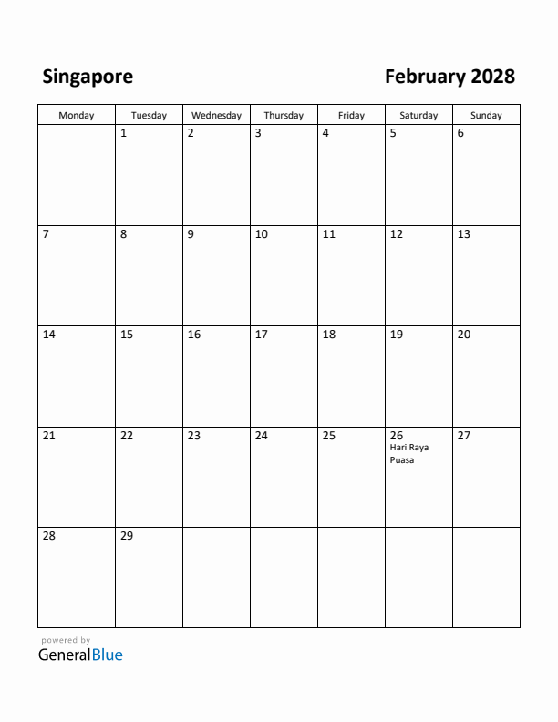 February 2028 Calendar with Singapore Holidays