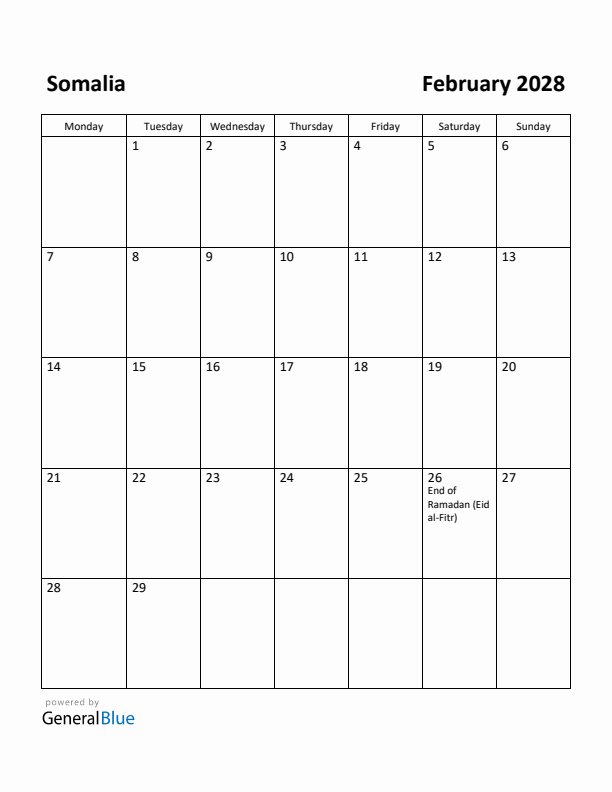 February 2028 Calendar with Somalia Holidays