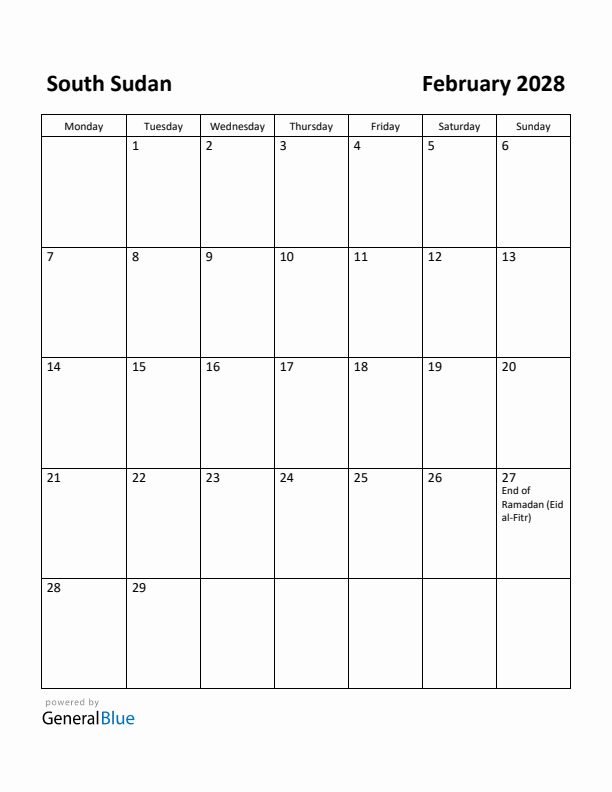 February 2028 Calendar with South Sudan Holidays