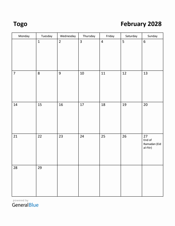 February 2028 Calendar with Togo Holidays