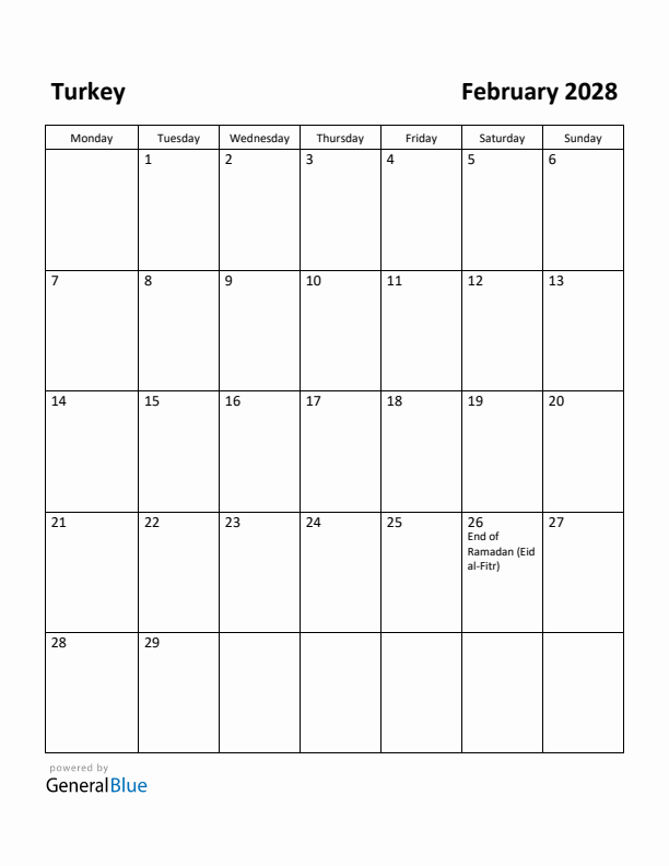 February 2028 Calendar with Turkey Holidays