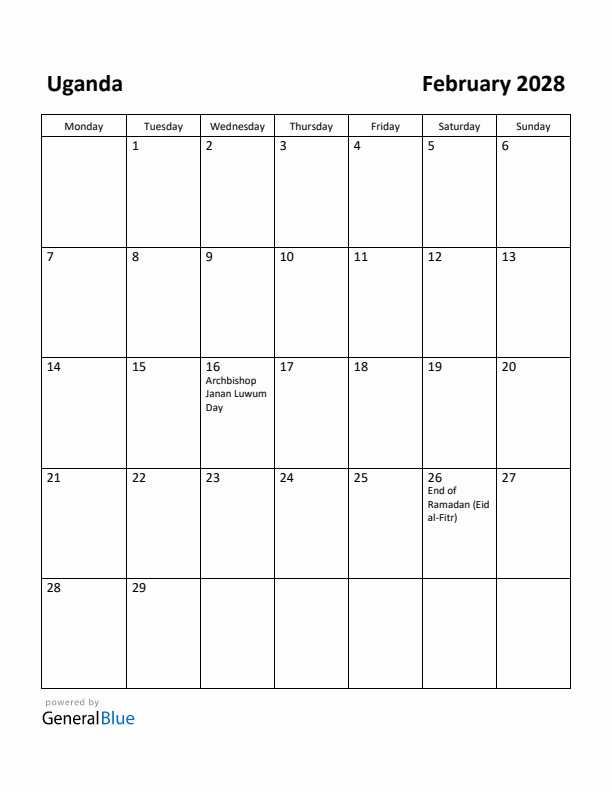 February 2028 Calendar with Uganda Holidays