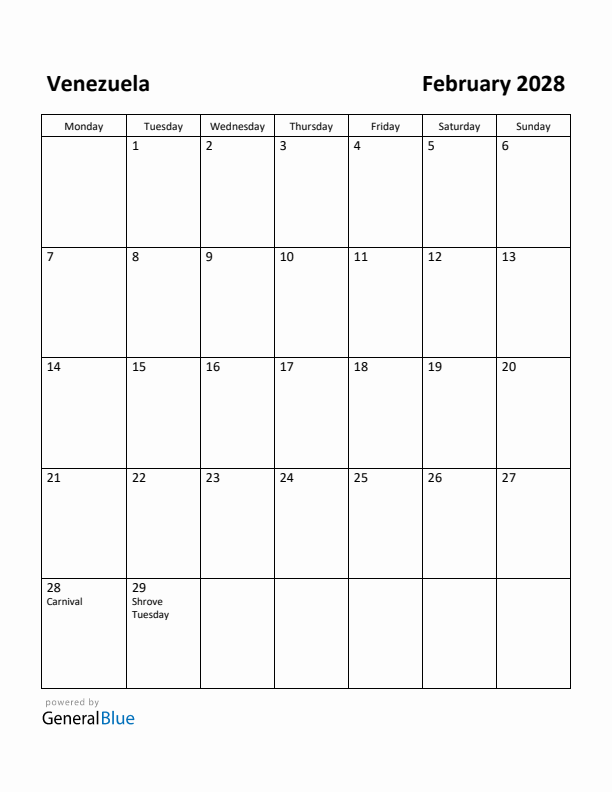 February 2028 Calendar with Venezuela Holidays