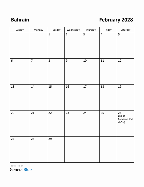 February 2028 Calendar with Bahrain Holidays