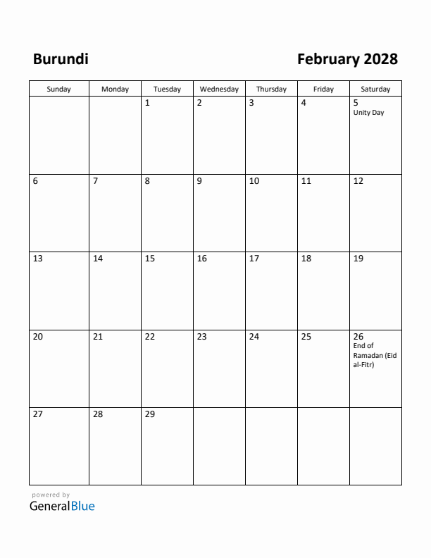 February 2028 Calendar with Burundi Holidays