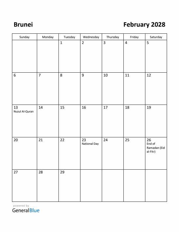 February 2028 Calendar with Brunei Holidays