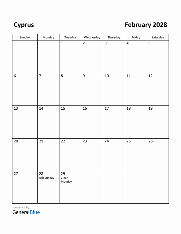 February 2028 Calendar with Cyprus Holidays