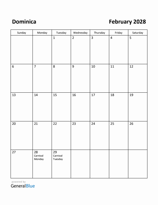 February 2028 Calendar with Dominica Holidays