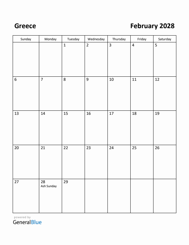 February 2028 Calendar with Greece Holidays